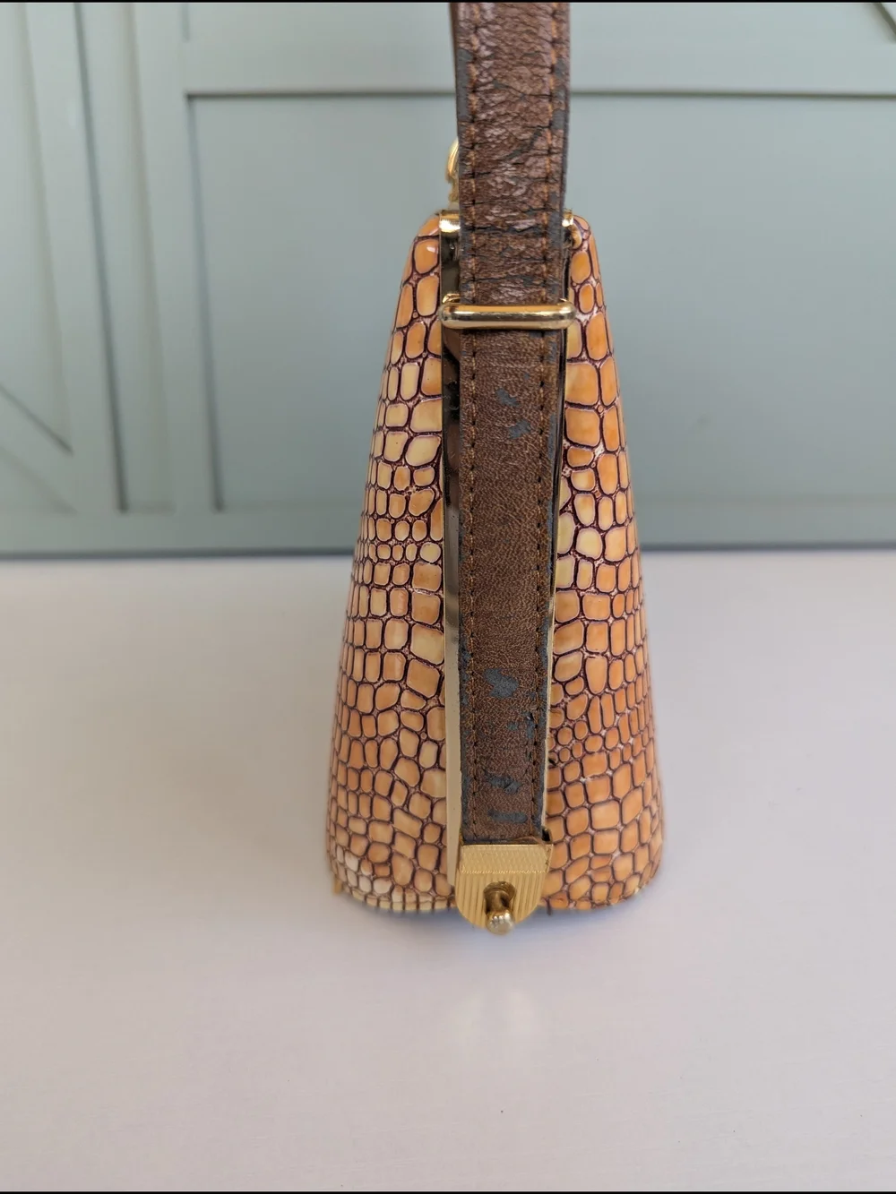 vintage 1950s-1960s frame handbag, featuring an embossed crocodile pattern